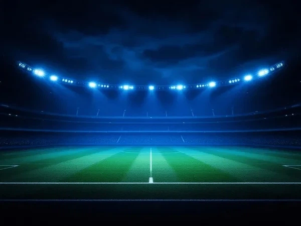 夜间足球场灯光照射下的比赛场景展示欧赔投注环境